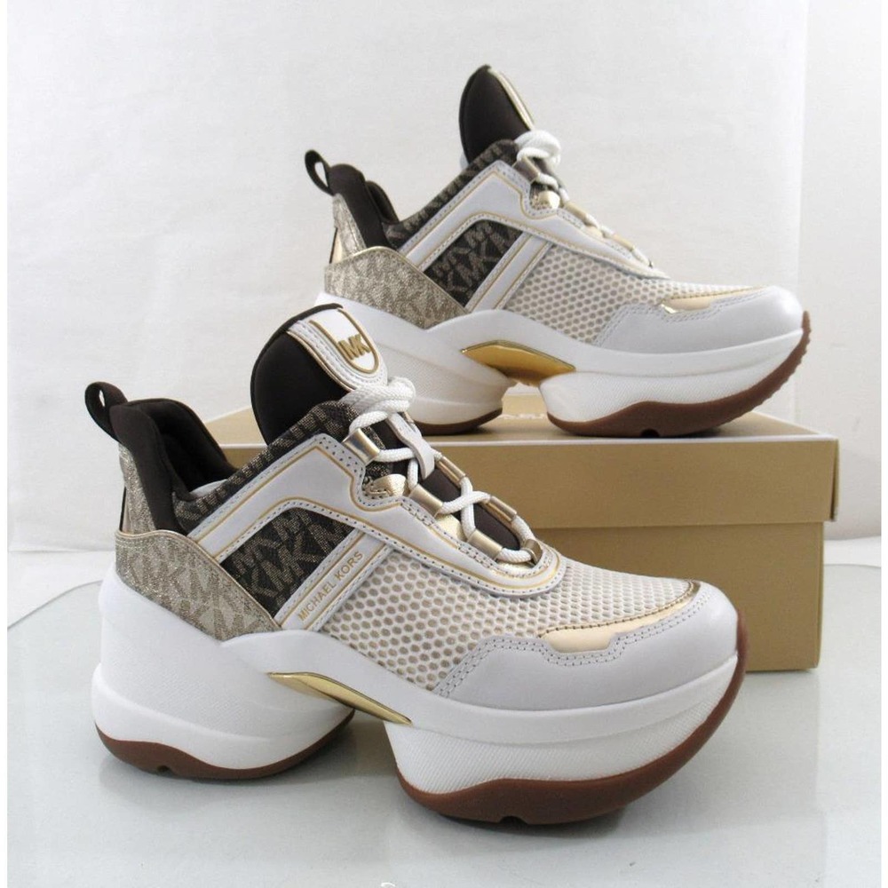 Michael Kors Olympia Trainer Lace Up Wedge Sneakers MK Logo Pale Gold - Picture 5 of 10
